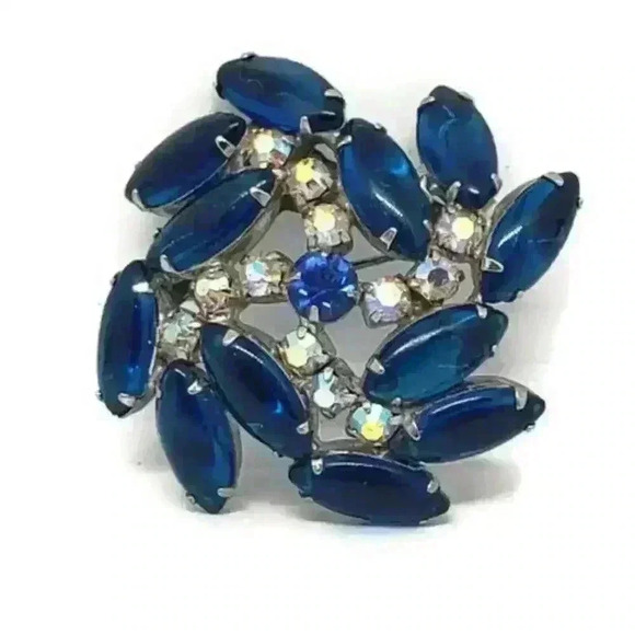 Vintage Brooch Blue Marquise Cabochon & AB Rhinestone Swirl Pin - Picture 2 of 5